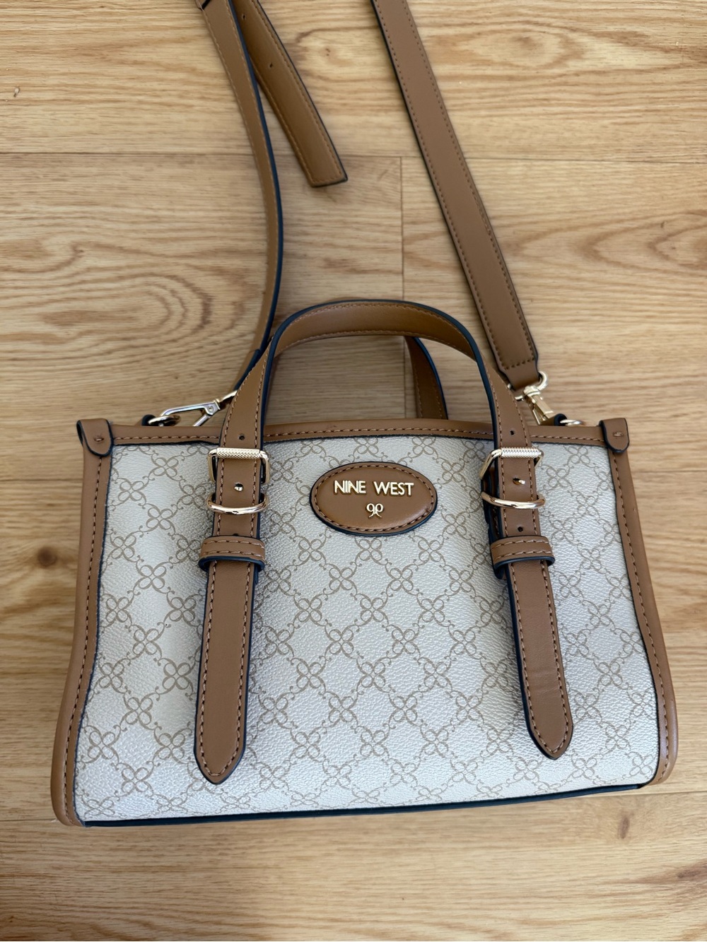 Nine West Cream & Tan Patterned Satchel with Top Handle